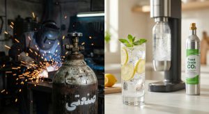 تضاد تصویری گاز CO2 خوراکی (نوشیدنی سالم) و گاز CO2 صنعتی (کارگاه جوشکاری).