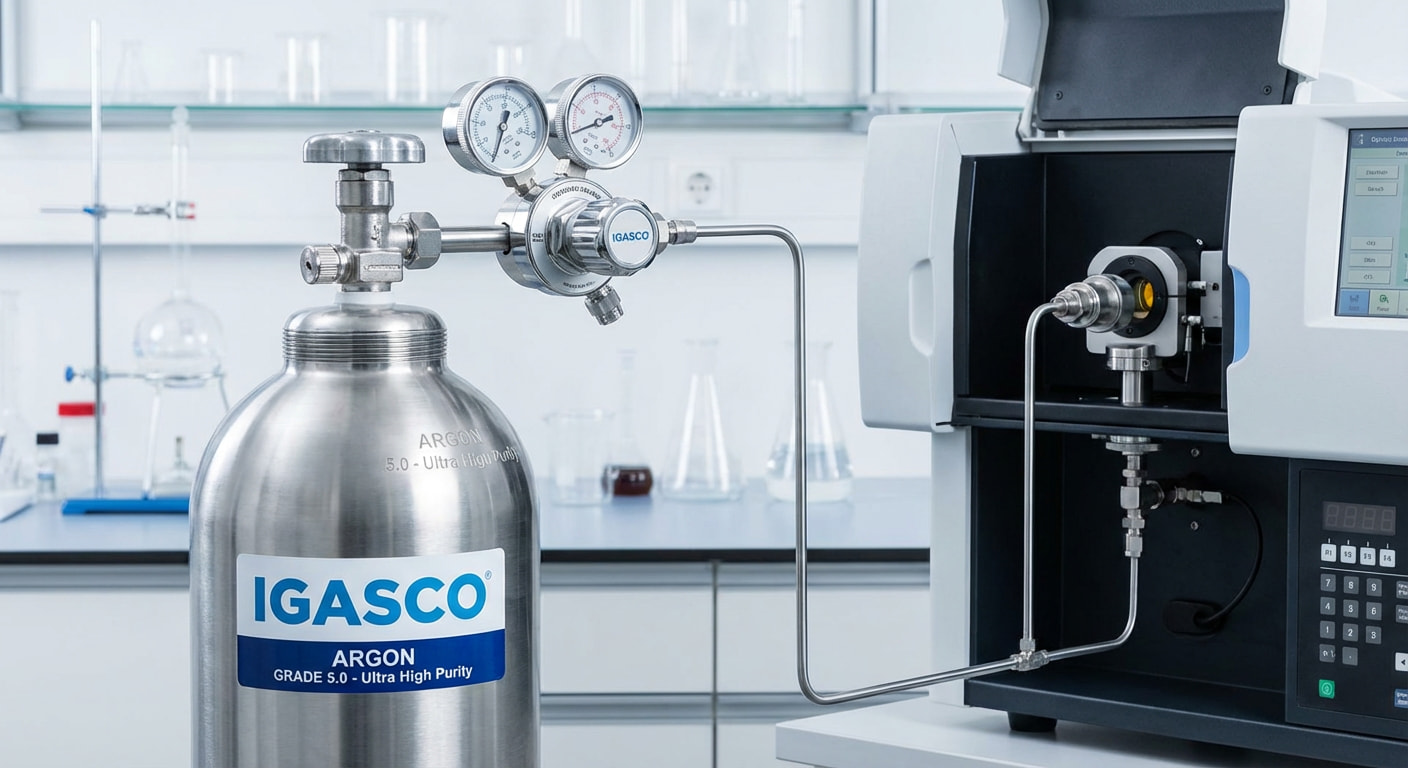 کپسول آرگون آزمایشگاهی گرید ۵.۰ IGASCO متصل به دستگاه آنالیز دقیق