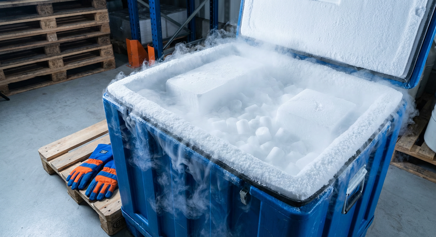 یخ خشک صنعتی CO2 در حال تصعید در کانتینر حمل و نقل