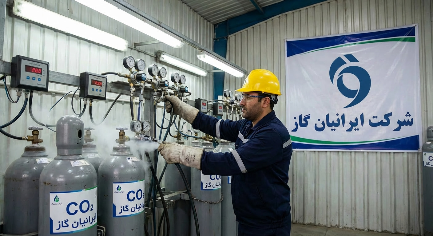 تکنسین در خط شارژ سیلندر گاز دی‌اکسید کربن در کارخانه ایرانیان گاز