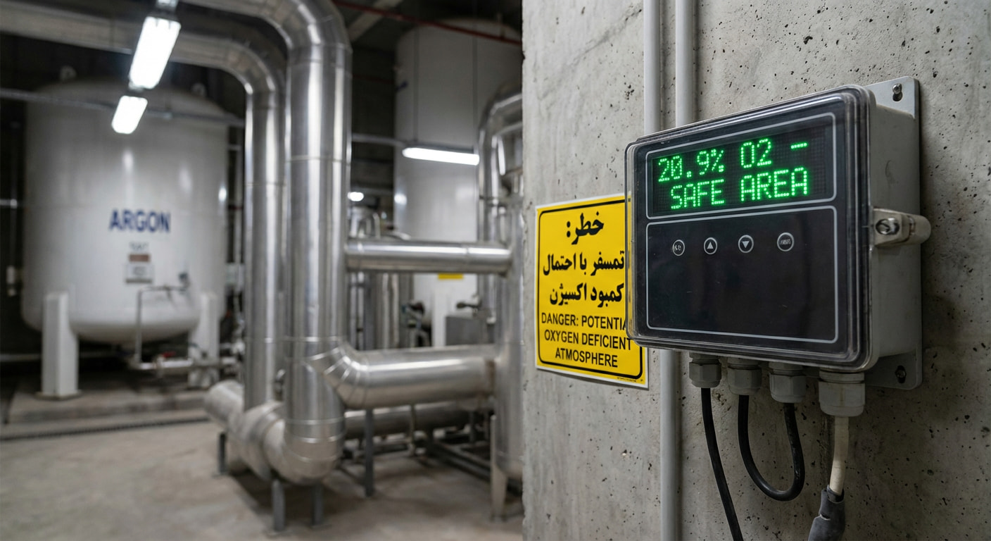 مانیتور سنجش اکسیژن و تابلوی هشدار خطر در تاسیسات ذخیره آرگون مایع